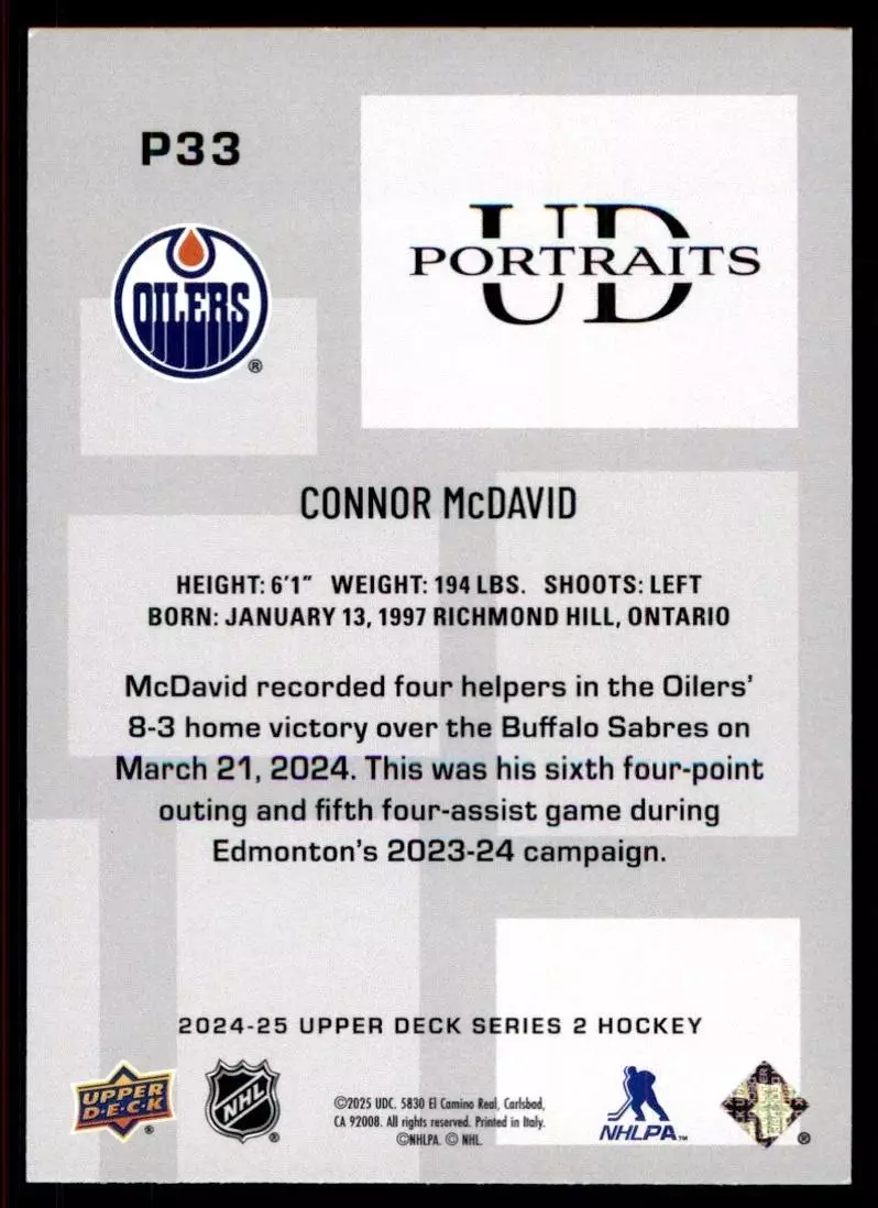 2024-25 Upper Deck UD Portraits #P33 Connor McDavid 1