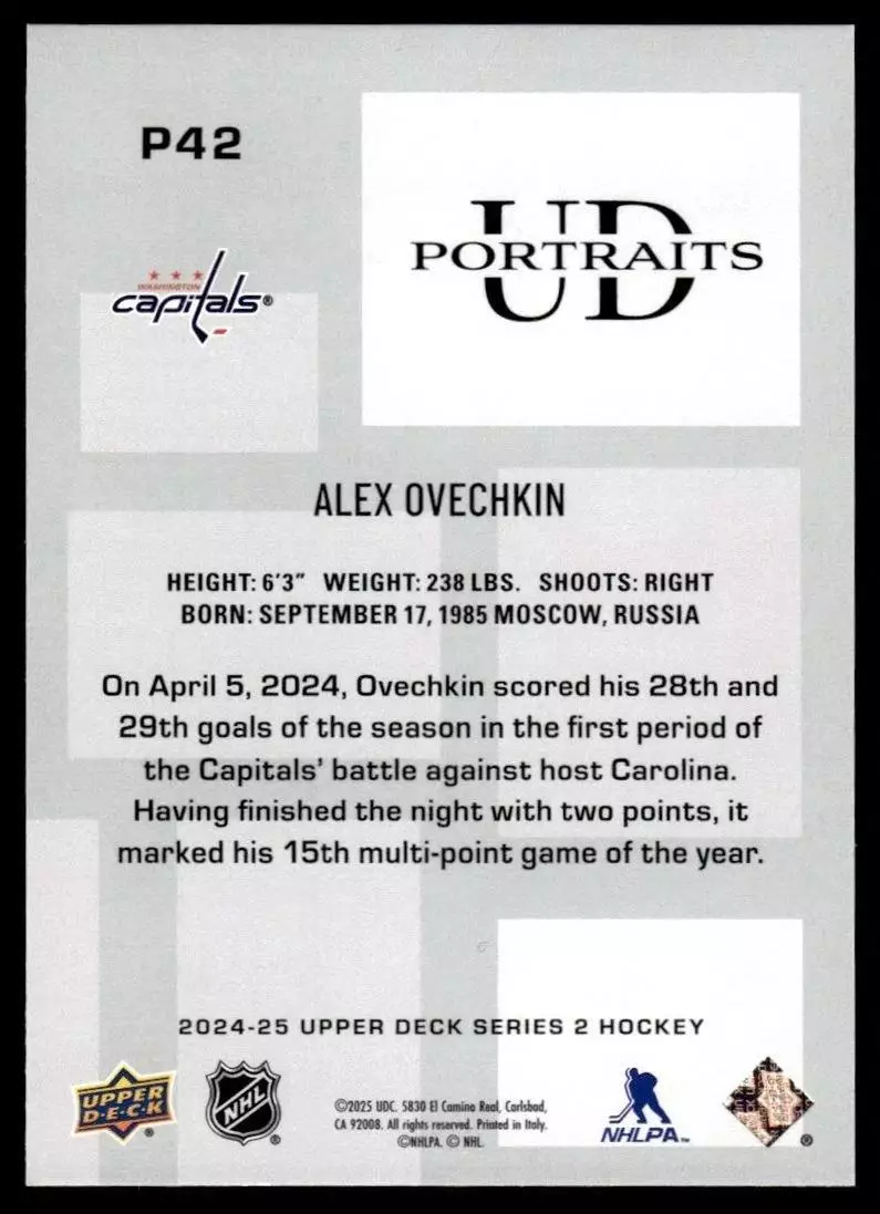 2024-25 Upper Deck UD Portraits #P42 Alex Ovechkin 1