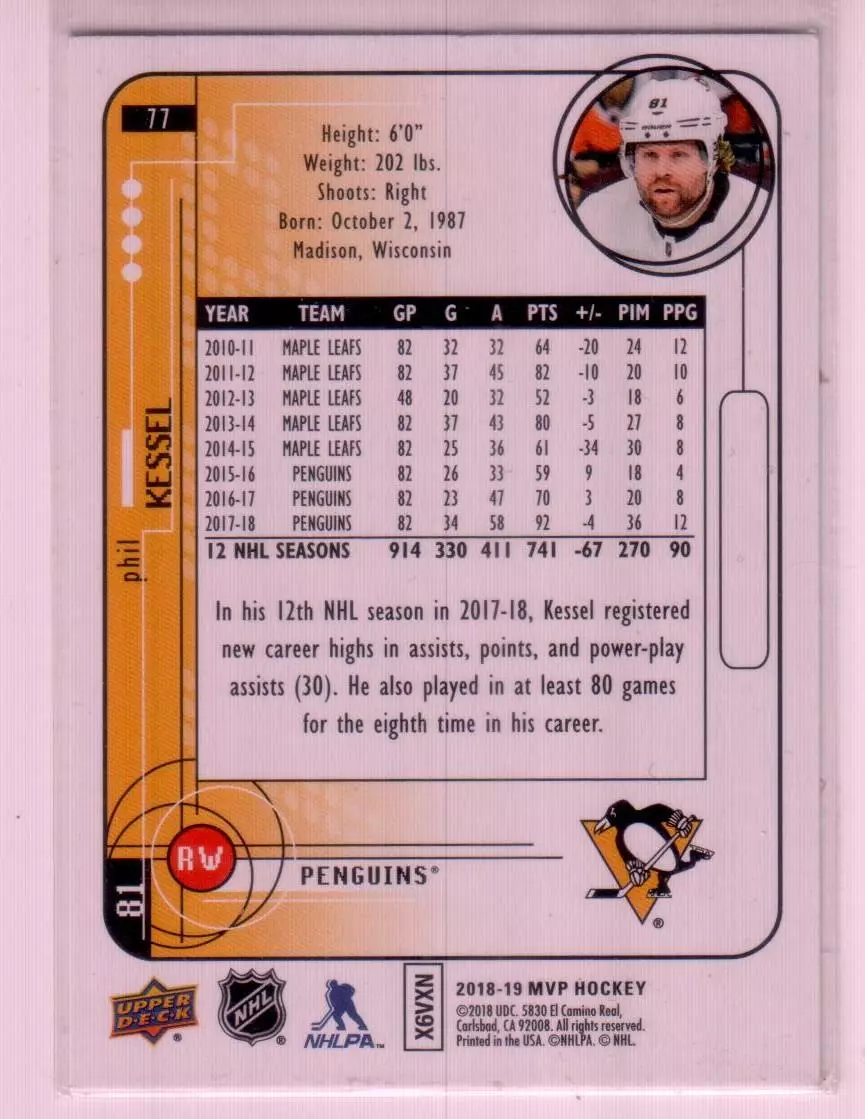 2018-19 Upper Deck MVP 20th Anniversary Tribute Silver Script #77 Phil Kessel 1