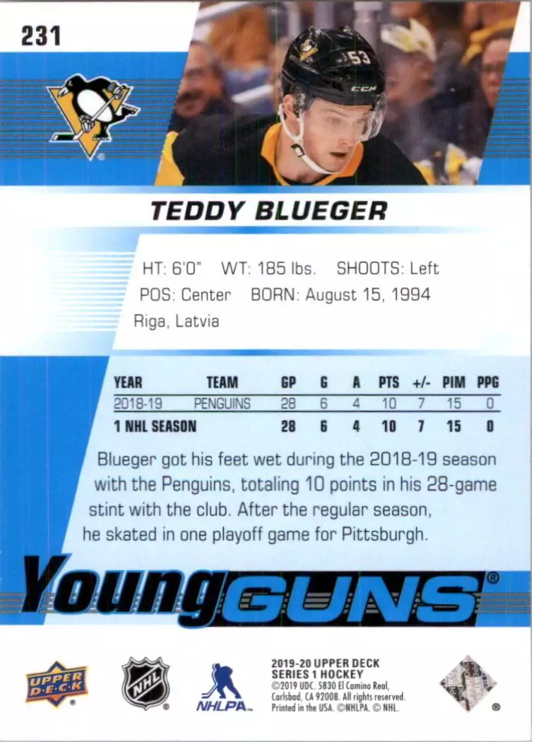 2019-20 Upper Deck #231 Teddy Blueger YG RC 1