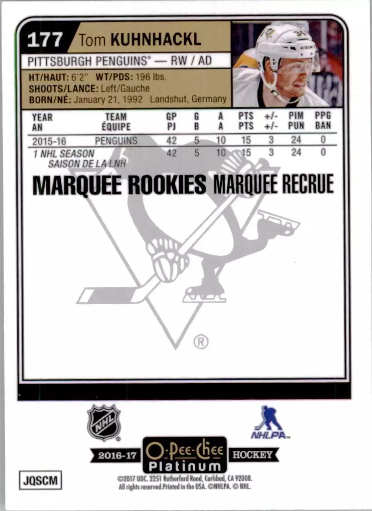2016-17 O-Pee-Chee Platinum #177 Tom Kuhnhackl RC 1