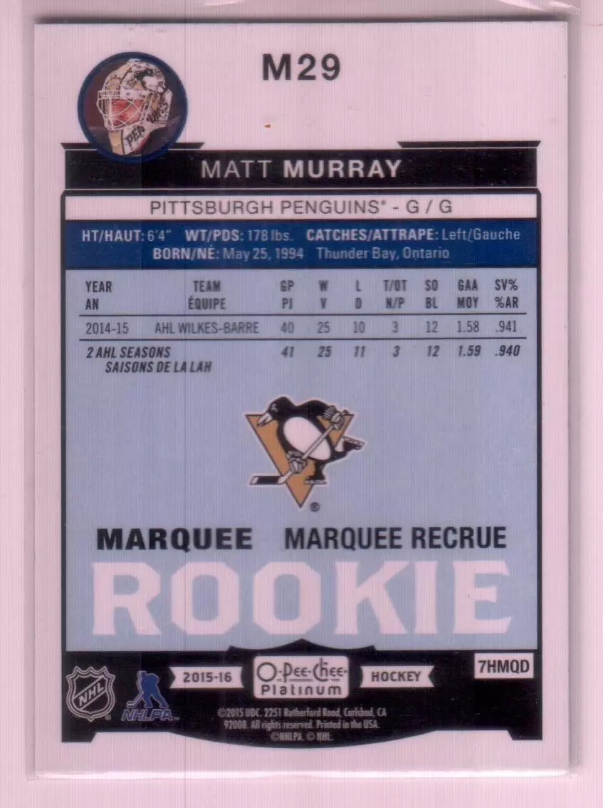 2015-16 O-Pee-Chee Platinum Marquee Rookies #M29 Matt Murray 1