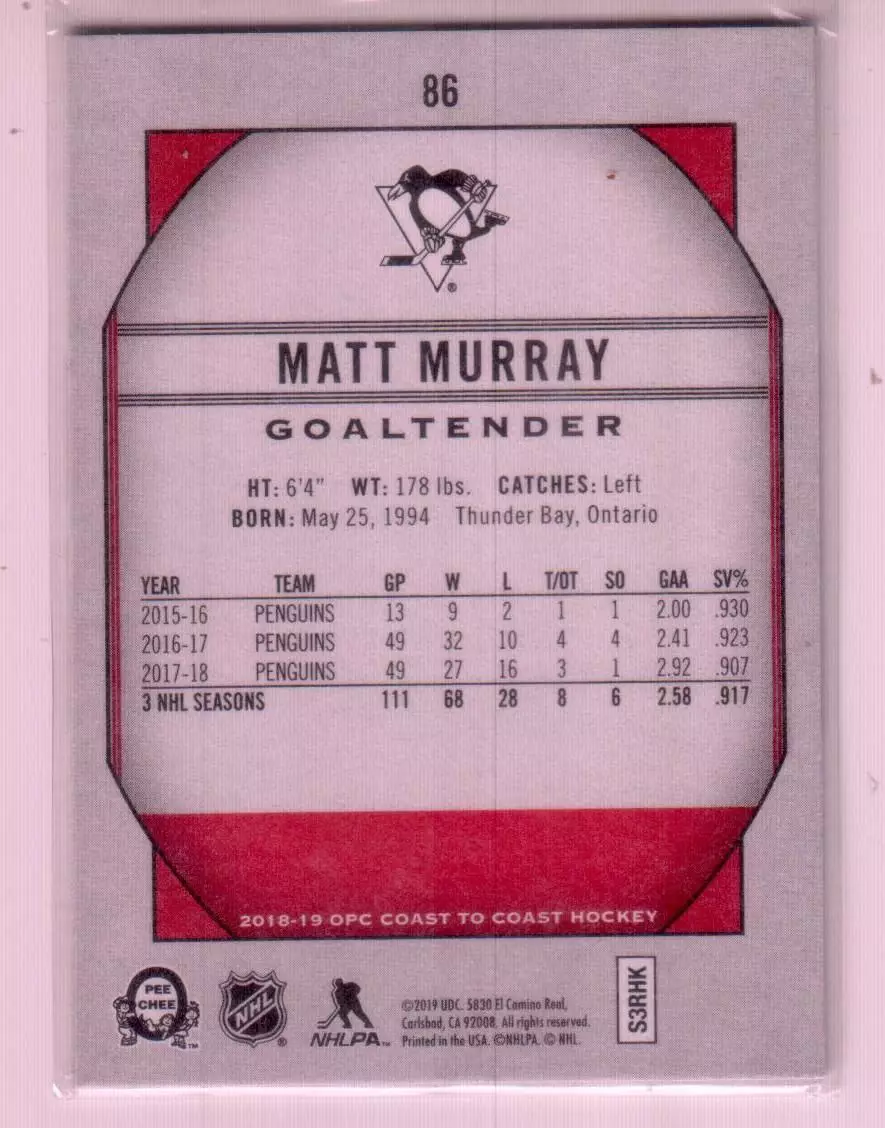 2018-19 O-Pee-Chee Coast to Coast #86 Matt Murray 1