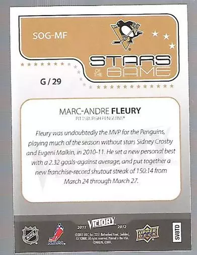 2011-12 Upper Deck Victory Stars of the Game #SOGMF Marc-Andre Fleury 1