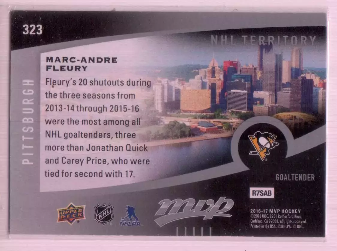 2016-17 Upper Deck MVP #323 Marc-Andre Fleury NHLT 1