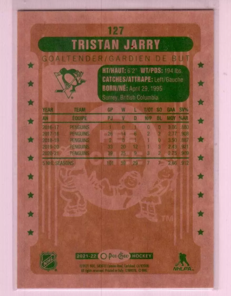 2021-22 O-Pee-Chee Retro #127 Tristan Jarry 1