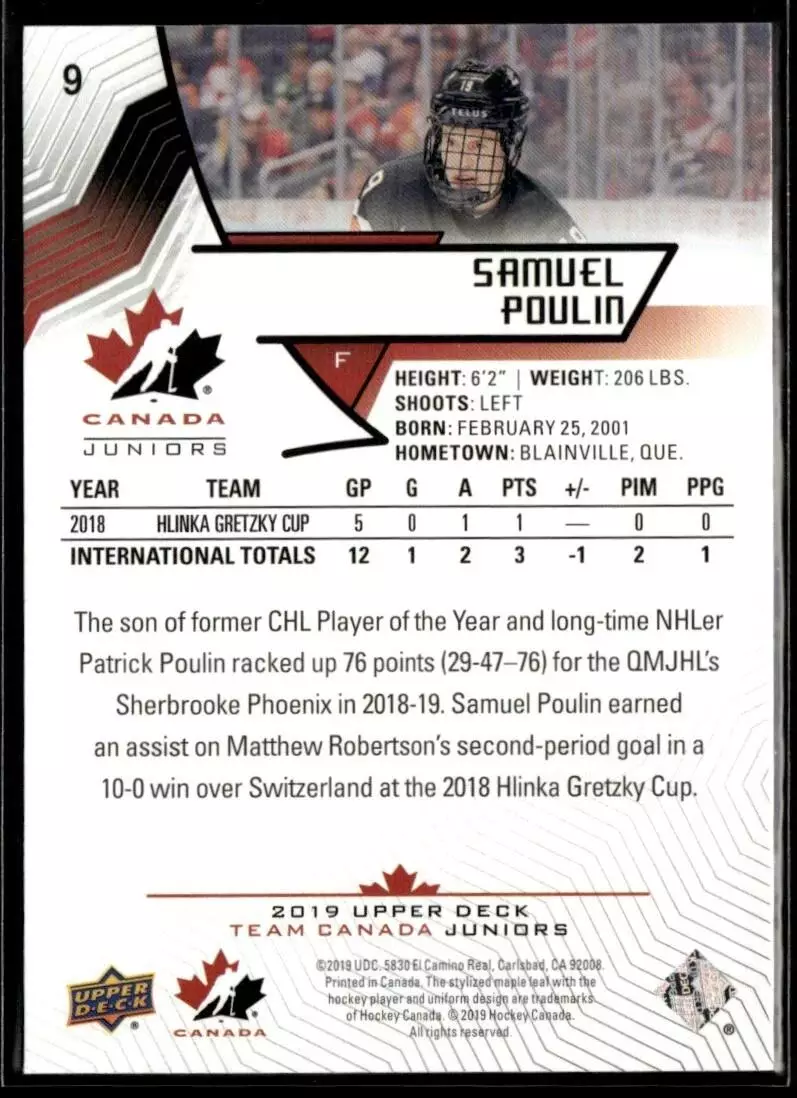 2019-20 Upper Deck Team Canada Juniors #9 Samuel Poulin 1