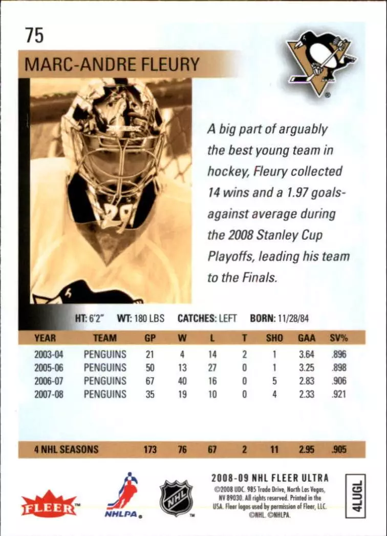 2008-09 Ultra Gold Medallion #75 Marc-Andre Fleury 1