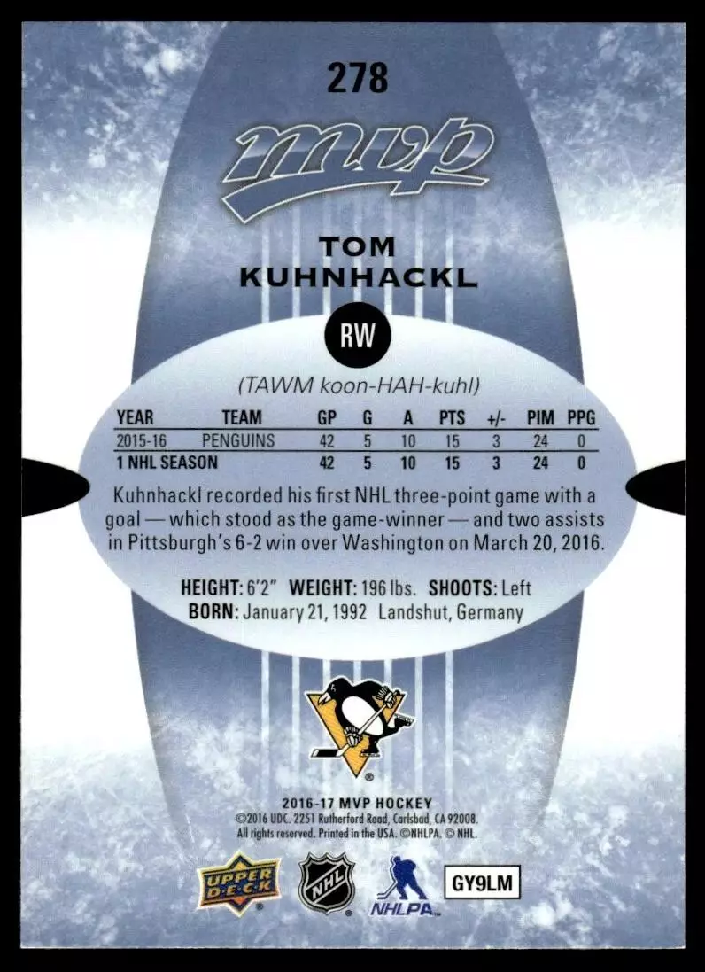 2016-17 Upper Deck MVP #278 Tom Kuhnhackl RC 1