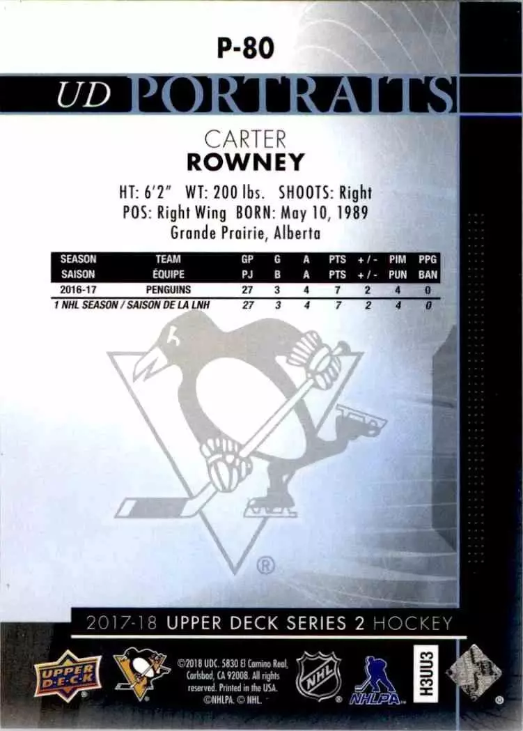 2017-18 Upper Deck UD Portraits #P80 Carter Rowney 1