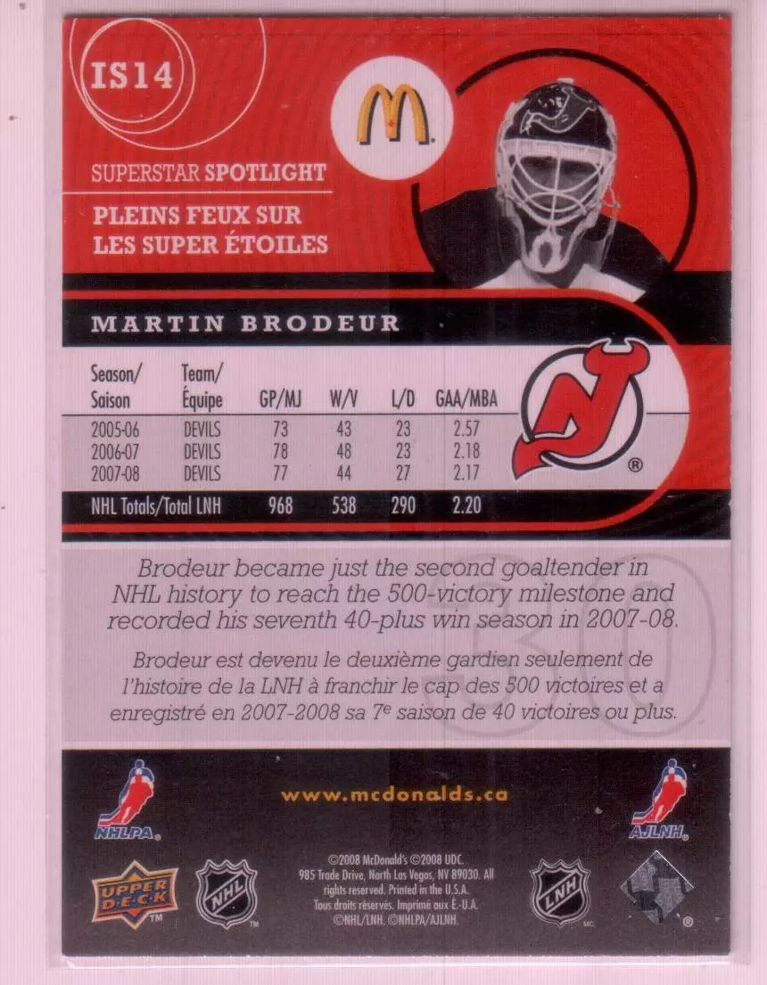 2008-09 McDonald's Upper Deck Superstar Spotlight #IS14 Martin Brodeur 1