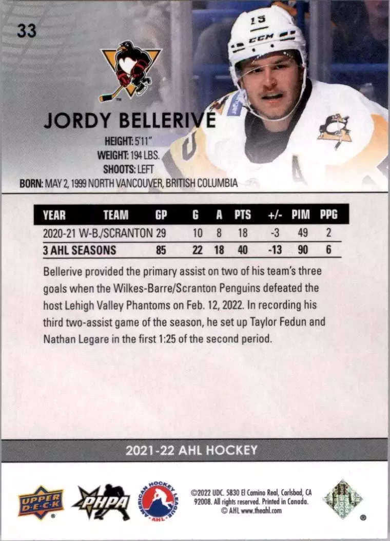 2021-22 Upper Deck AHL #33 Jordy Bellerive 1