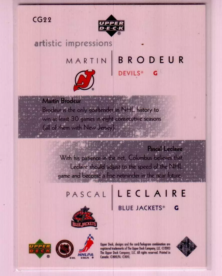 2002-03 UD Artistic Impressions Common Ground#CG22Pascal LeClaire/Martin Brodeur 1