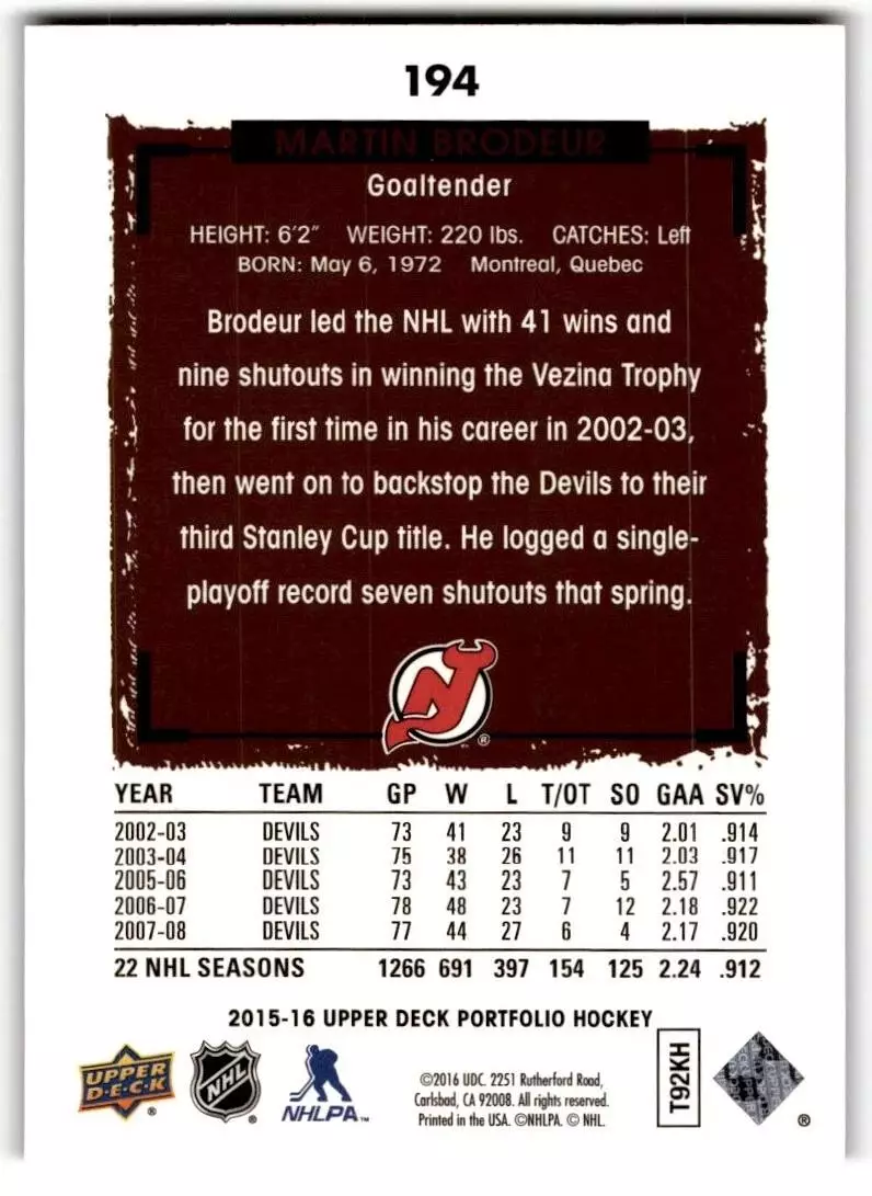 2015-16 Upper Deck Portfolio #194 Martin Brodeur 1