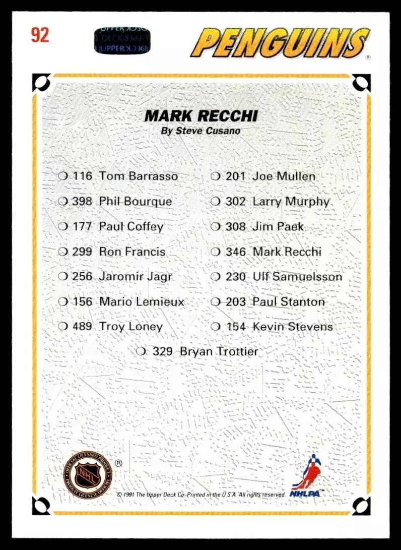 1991-92 Upper Deck #92 Mark Recchi/(Pittsburgh Penguins TC) 1