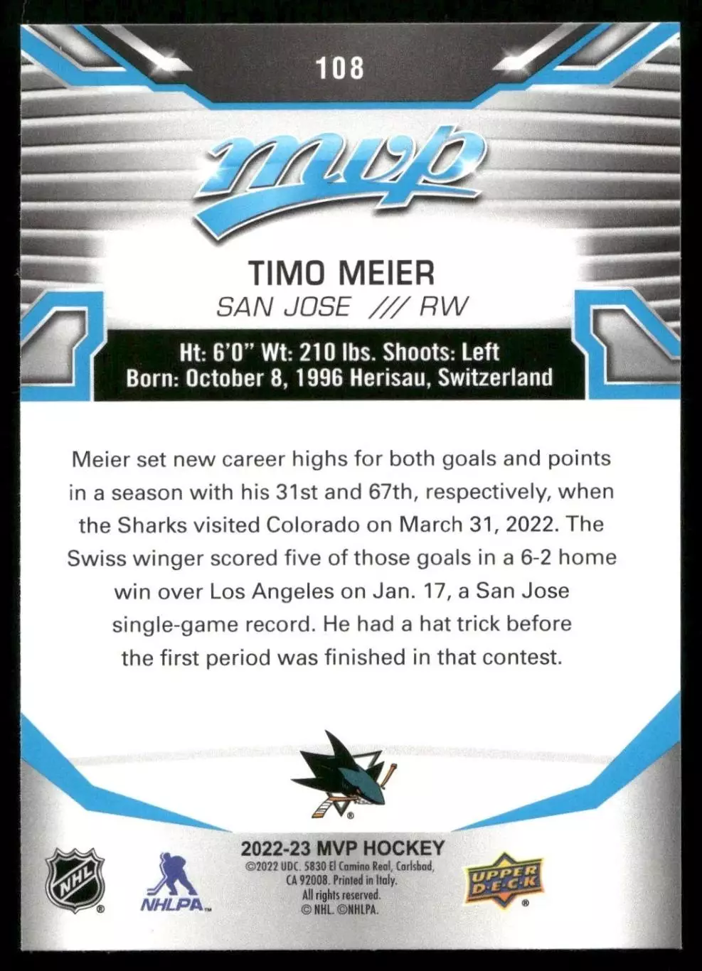 2022-23 Upper Deck MVP #108 Timo Meier 1