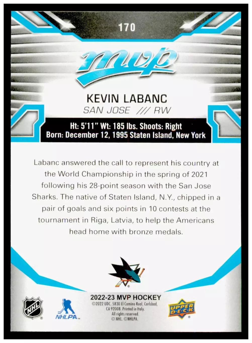 2022-23 Upper Deck MVP #170 Kevin Labanc 1