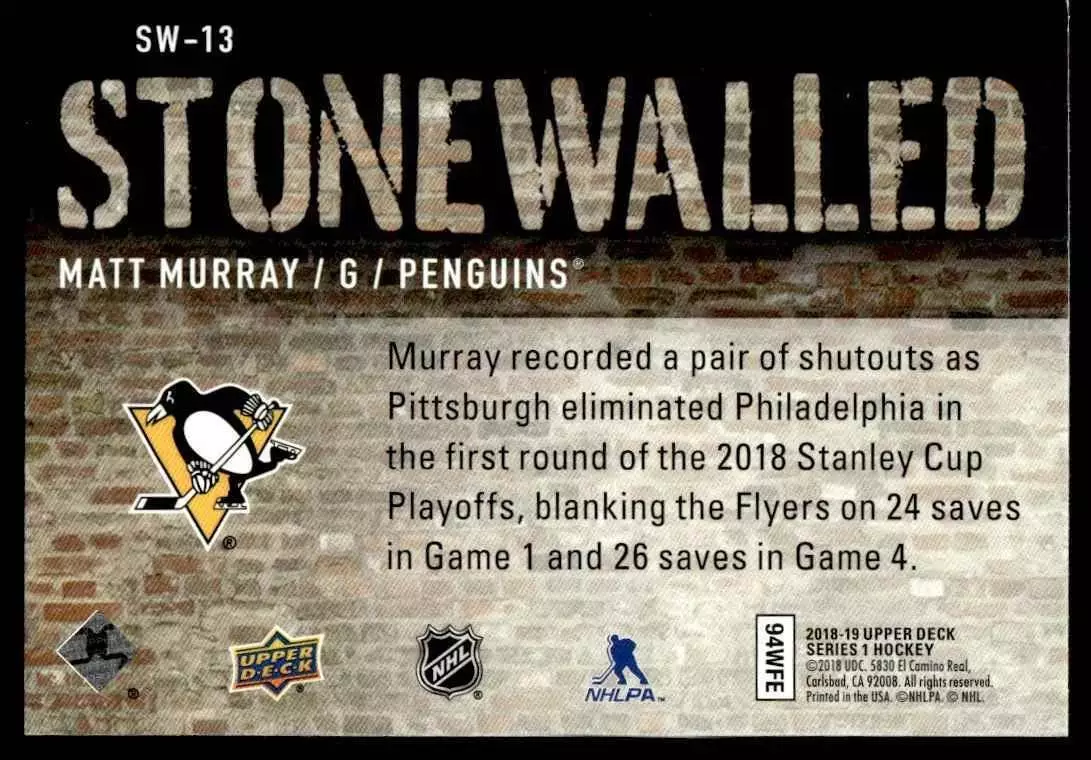 2018-19 Upper Deck Stonewalled #SW13 Matt Murray 1