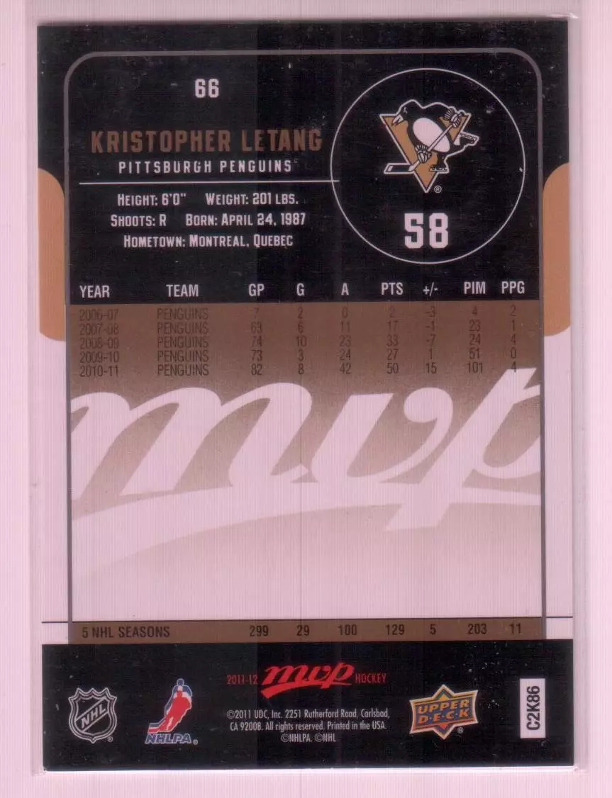 2011-12 Upper Deck MVP #66 Kristopher Letang 1