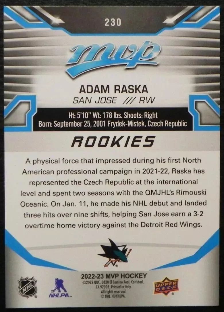 2022-23 Upper Deck MVP #230 Adam Raska SP RC 1