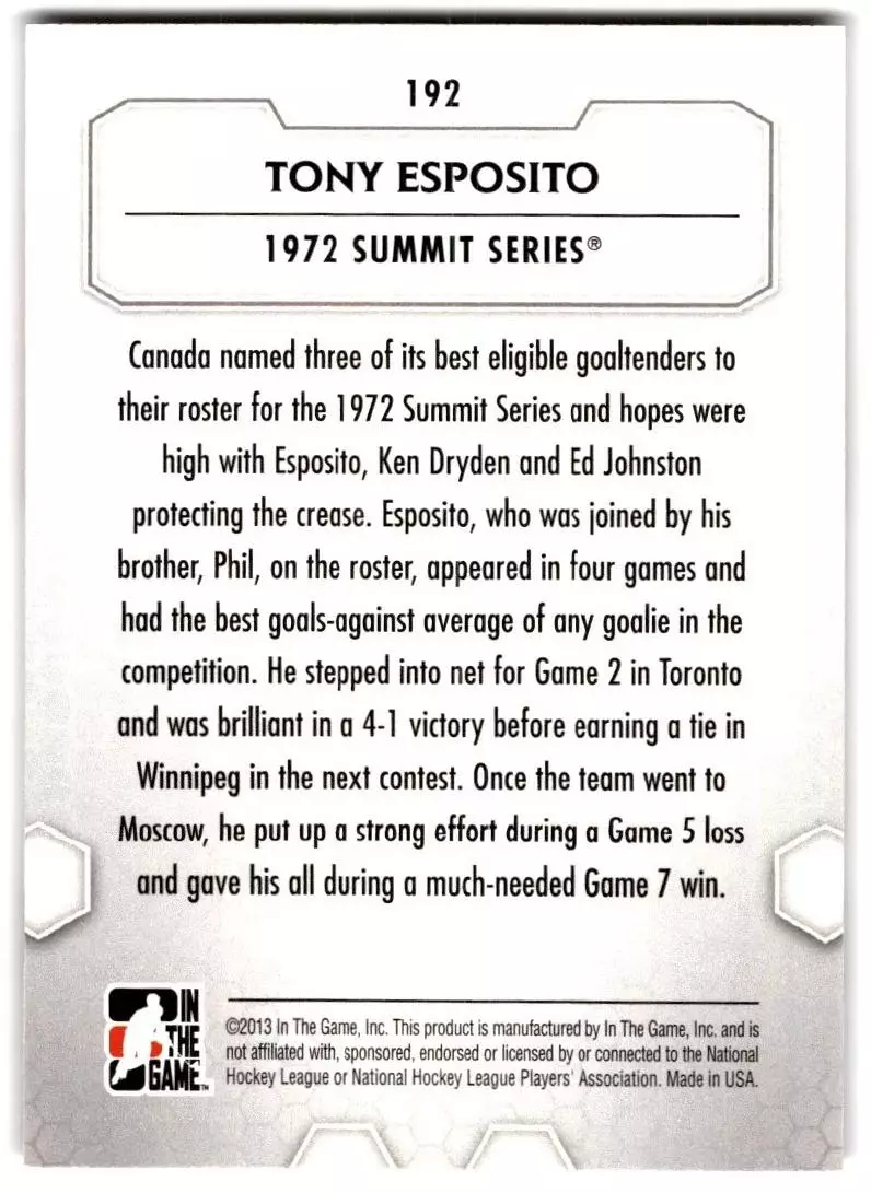 2012-13 Between The Pipes #192 Tony Esposito IS 1