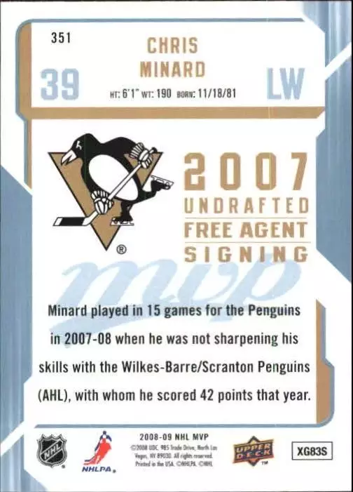 2008-09 Upper Deck MVP #351 Chris Minard RC 1