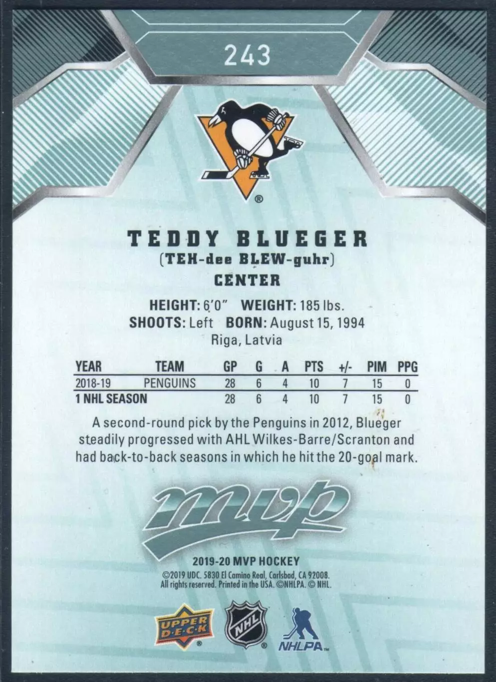 2019-20 Upper Deck MVP #243 Teddy Blueger SP RC 1