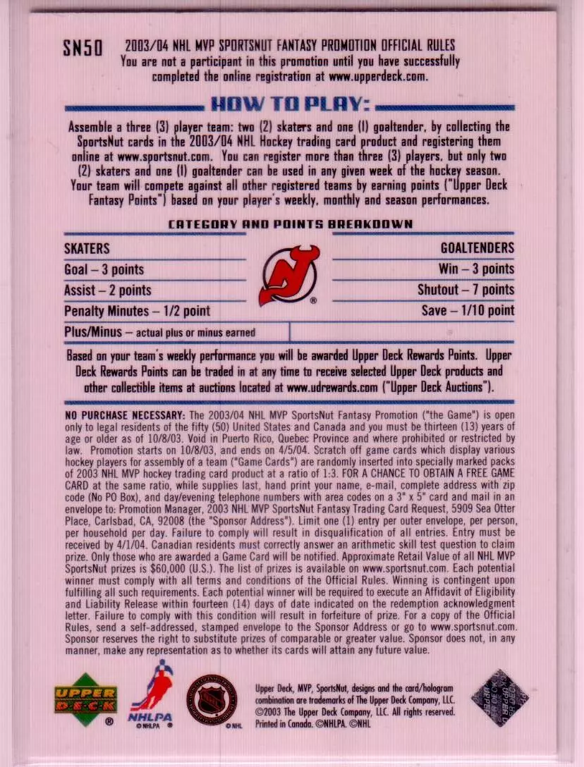 2003-04 Upper Deck MVP SportsNut #SN50 Martin Brodeur 1