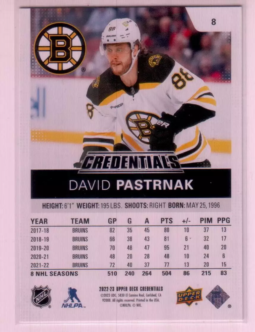 2022-23 Upper Deck Credentials #8 David Pastrnak 1