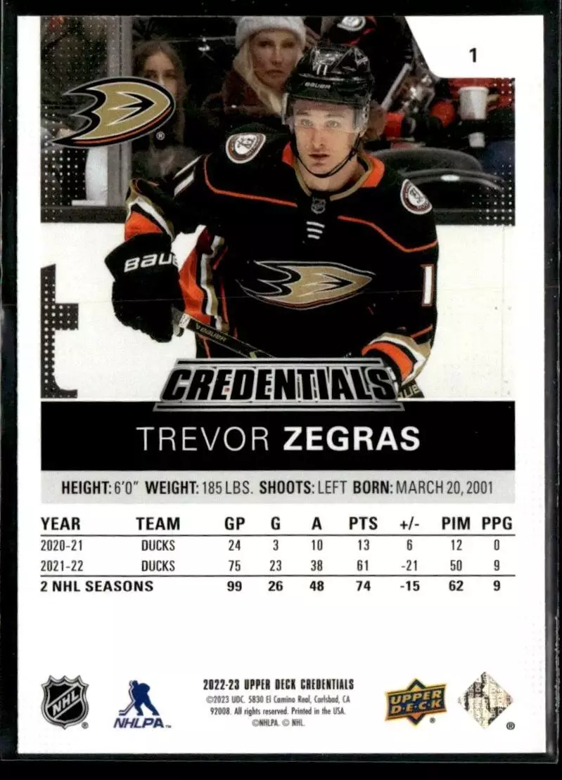 2022-23 Upper Deck Credentials #1 Trevor Zegras 1