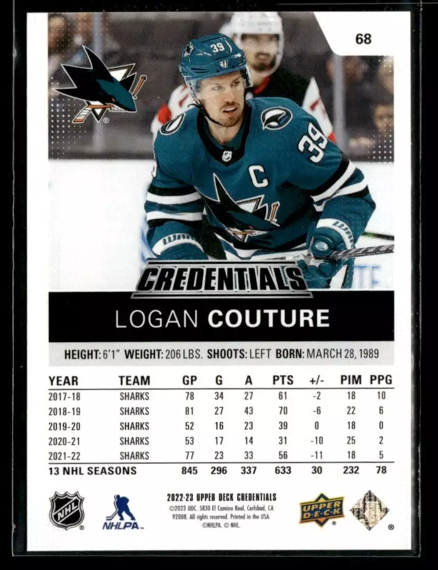 2022-23 Upper Deck Credentials #68 Logan Couture 1
