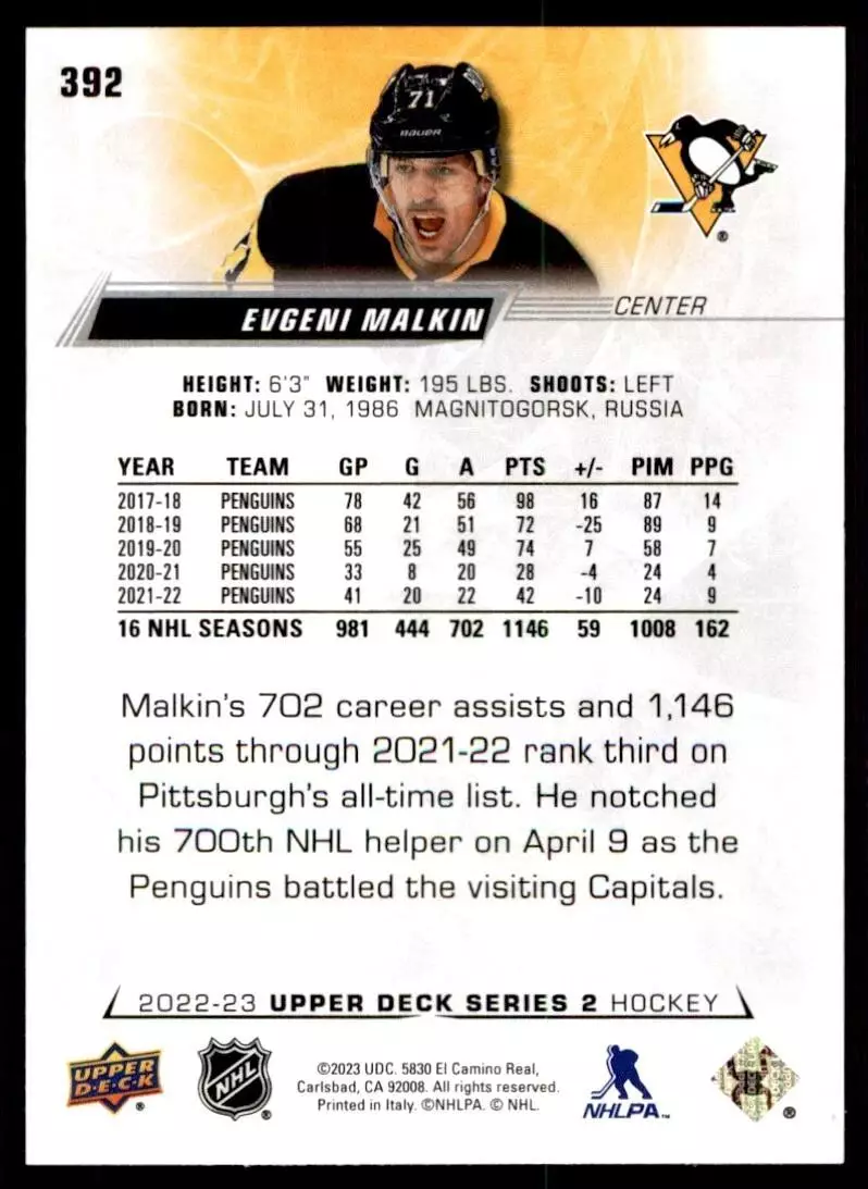 2022-23 Upper Deck #392 Evgeni Malkin 1