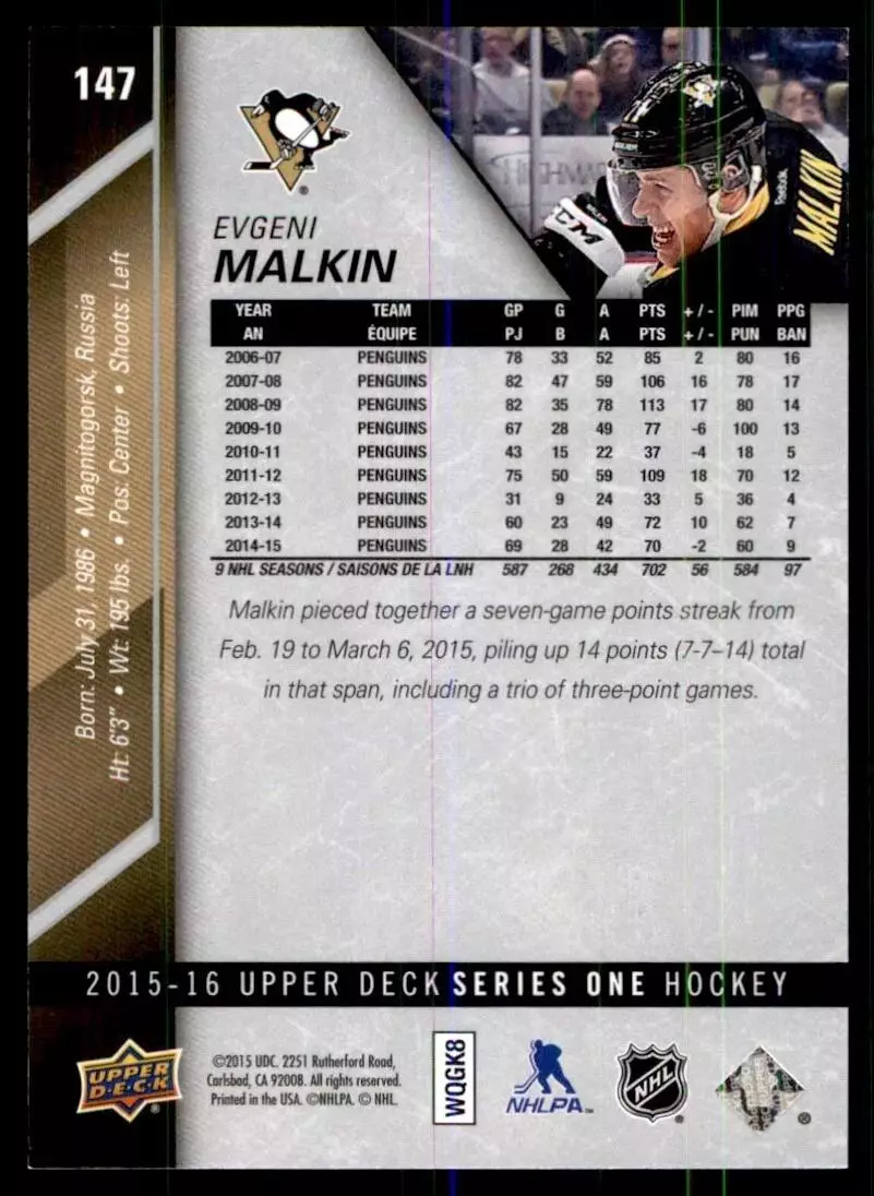 2015-16 Upper Deck #147 Evgeni Malkin 1