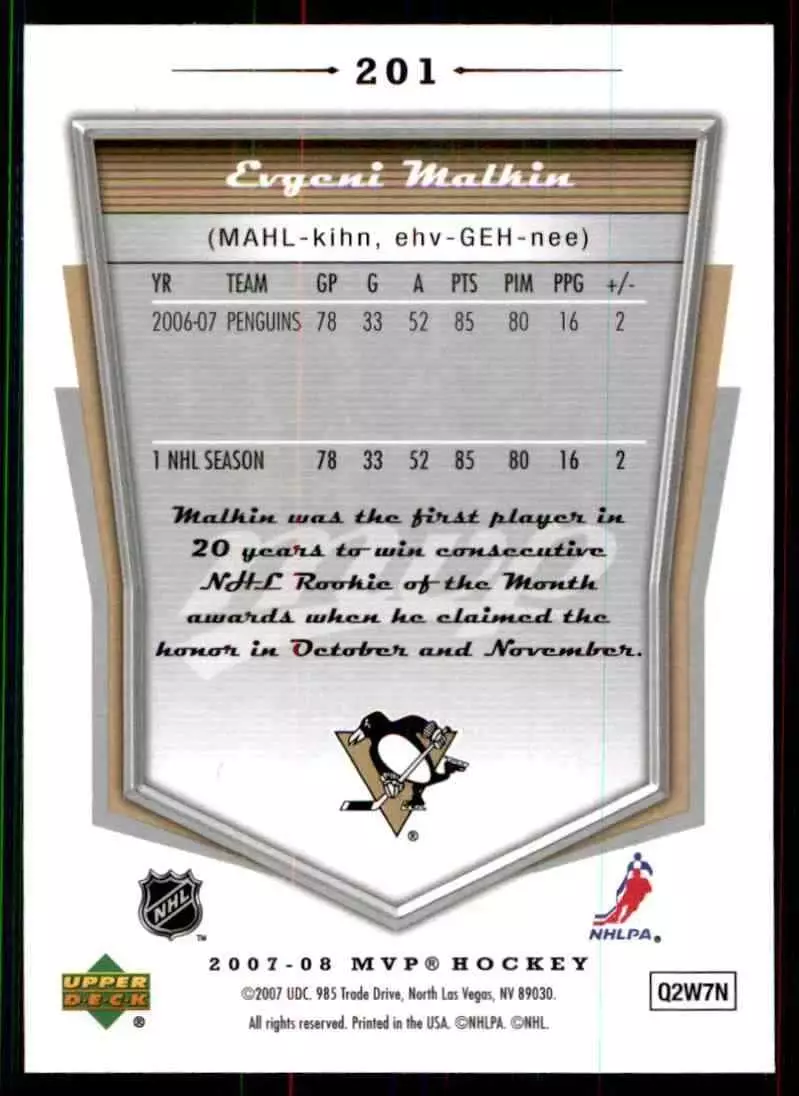 2007-08 Upper Deck MVP #201 Evgeni Malkin 1
