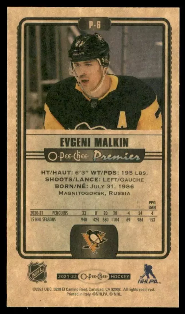 2021-22 O-Pee-Chee OPC Premier Tallboys #P6 Evgeni Malkin 1
