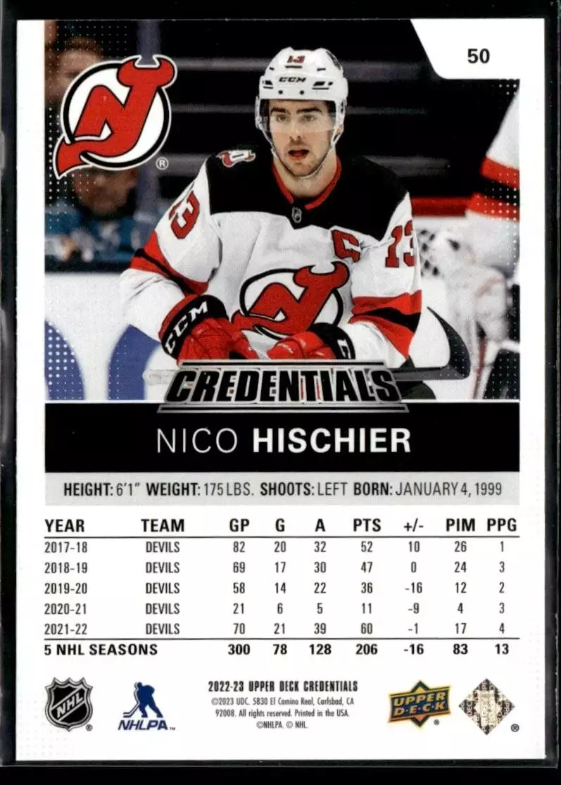 2022-23 Upper Deck Credentials #50 Nico Hischier 1
