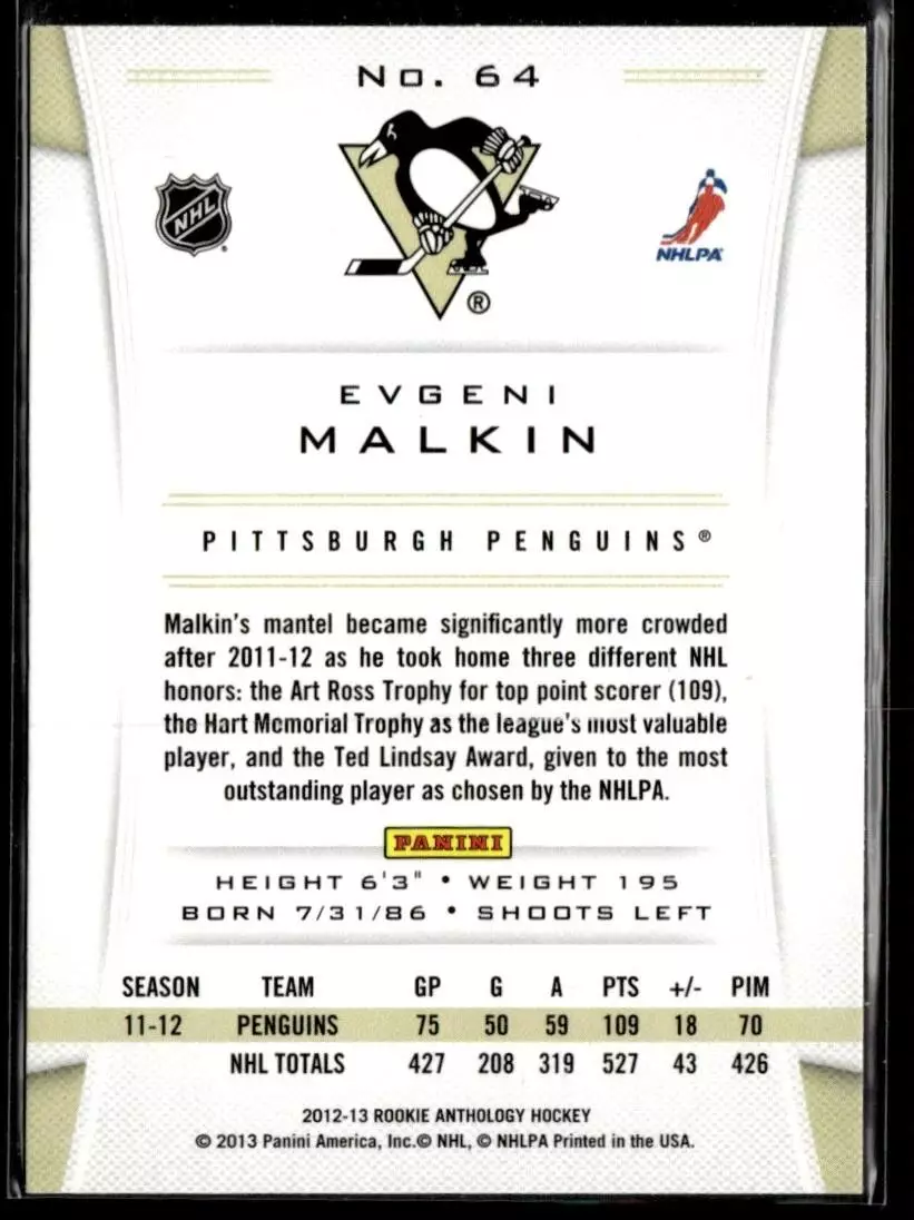 2012-13 Panini Rookie Anthology #64 Evgeni Malkin 1