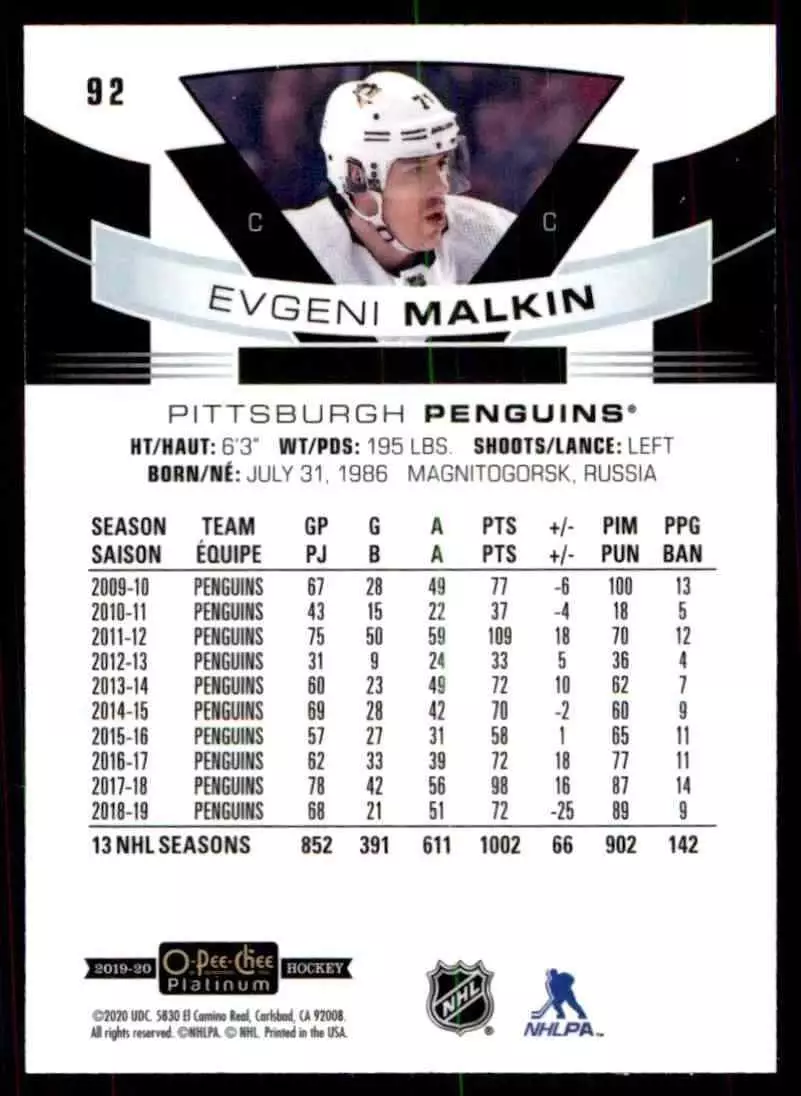 2019-20 O-Pee-Chee Platinum #92 Evgeni Malkin 1