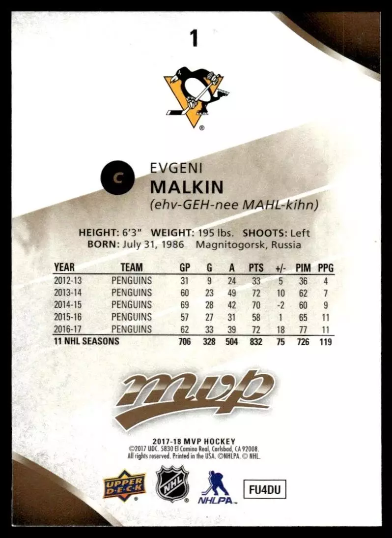 2017-18 Upper Deck MVP #1 Evgeni Malkin 1