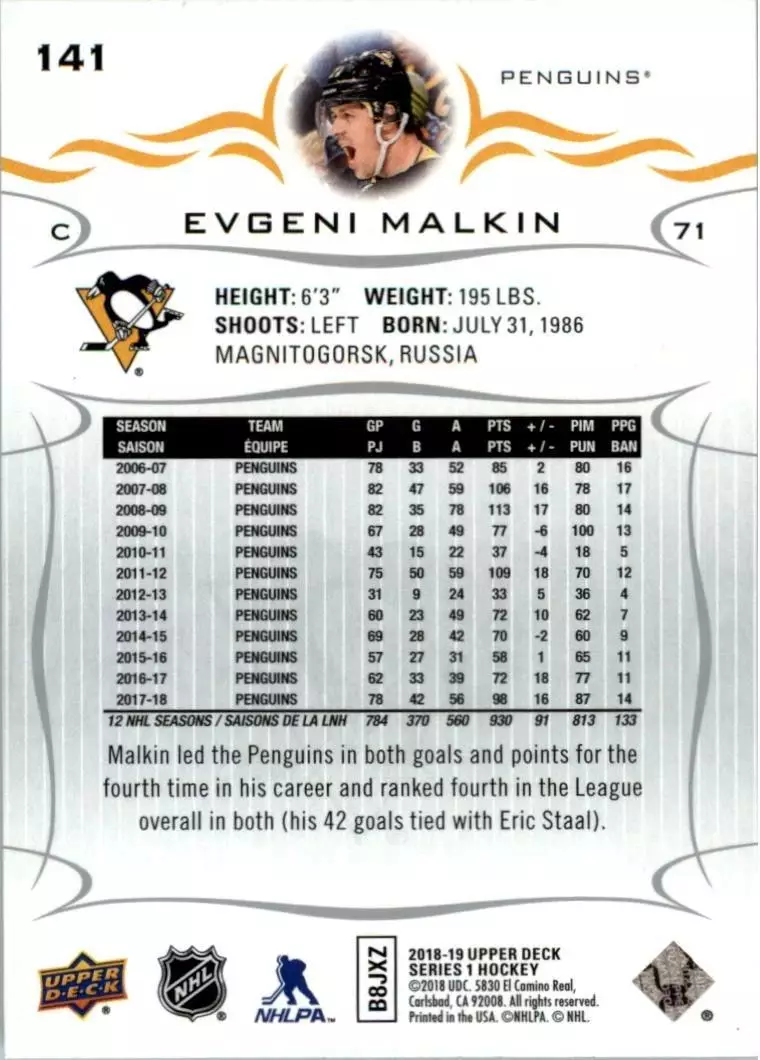 2018-19 Upper Deck #141 Evgeni Malkin 1