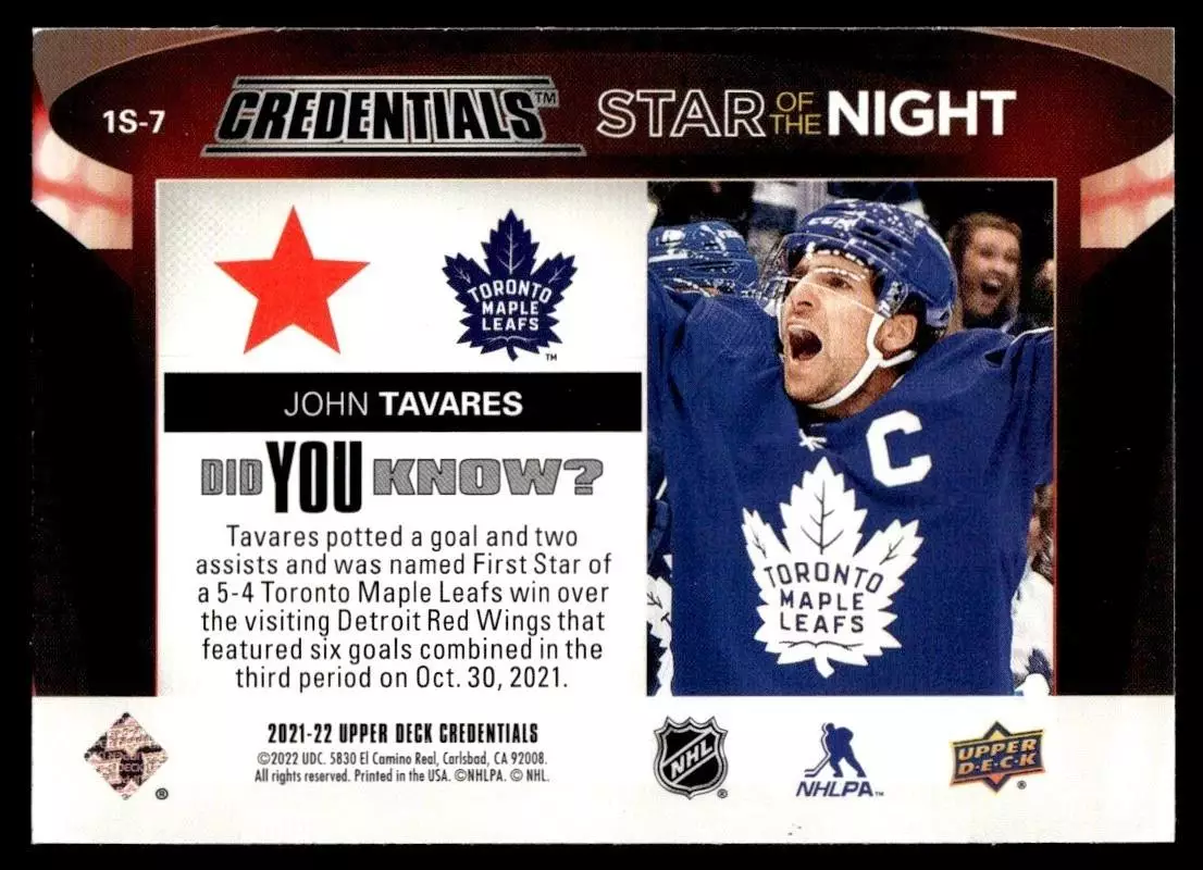 2021-22 Upper Deck Credentials 1st Star of the Night #1S7 John Tavares 1