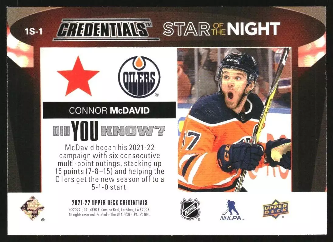 2021-22 Upper Deck Credentials 1st Star of the Night #1S1 Connor McDavid 1