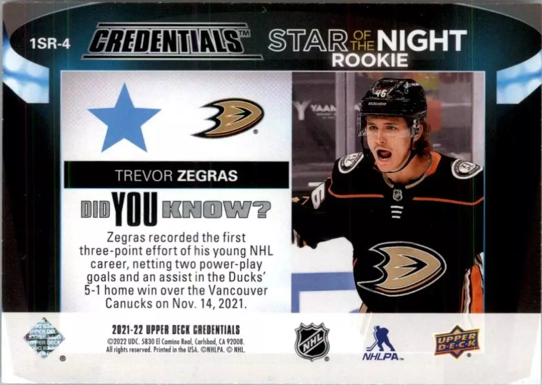 2021-22 Upper Deck Credentials 1st Star of the Night Rookies#1SR4 Trevor Zegras 1