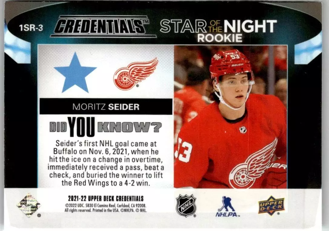 2021-22 Upper Deck Credentials 1st Star of the Night Rookies #1SR3 Moritz Seider 1