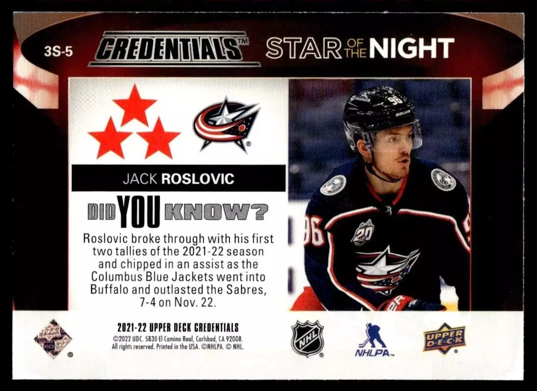 2021-22 Upper Deck Credentials 3rd Star of the Night #3S5 Jack Roslovic 1