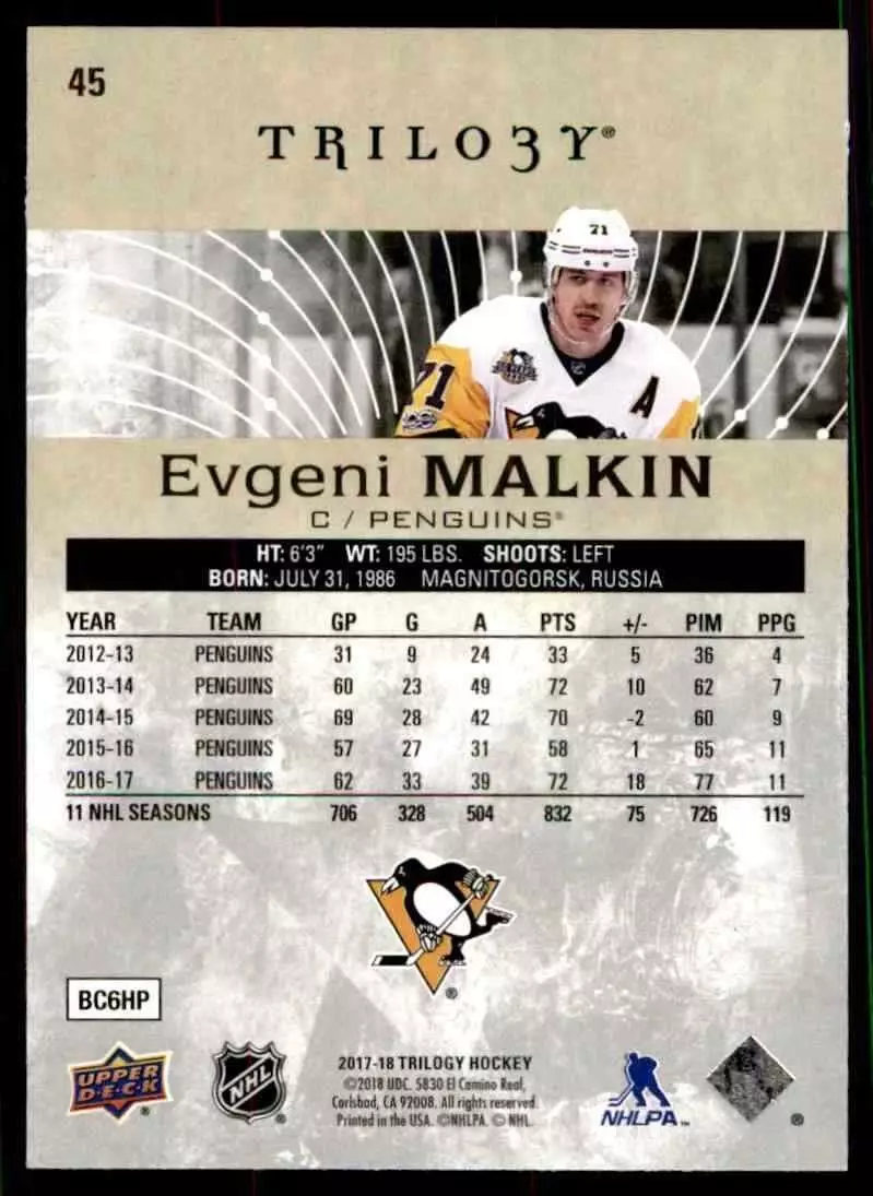 2017-18 Upper Deck Trilogy #45 Evgeni Malkin 1