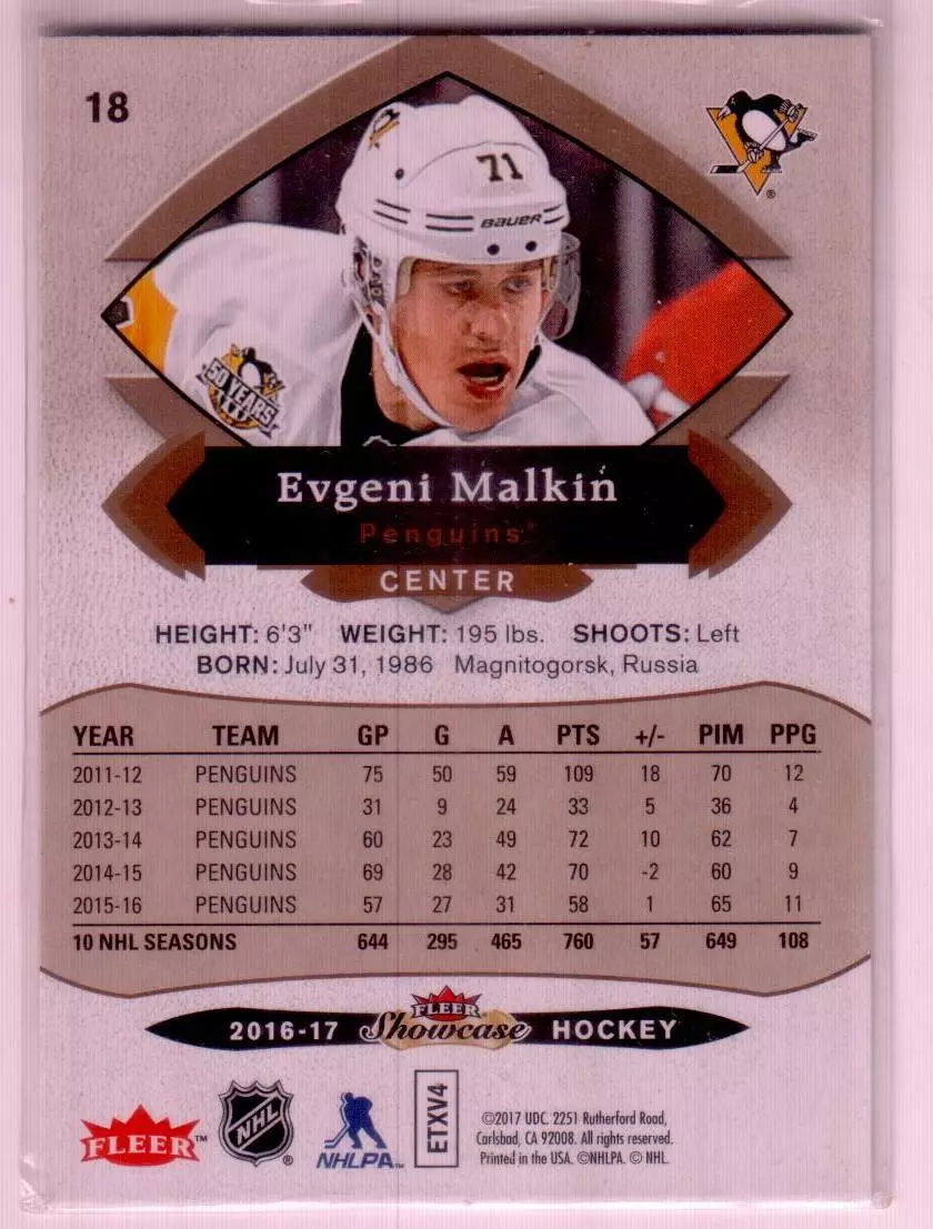 2016-17 Fleer Showcase #18 Evgeni Malkin 1