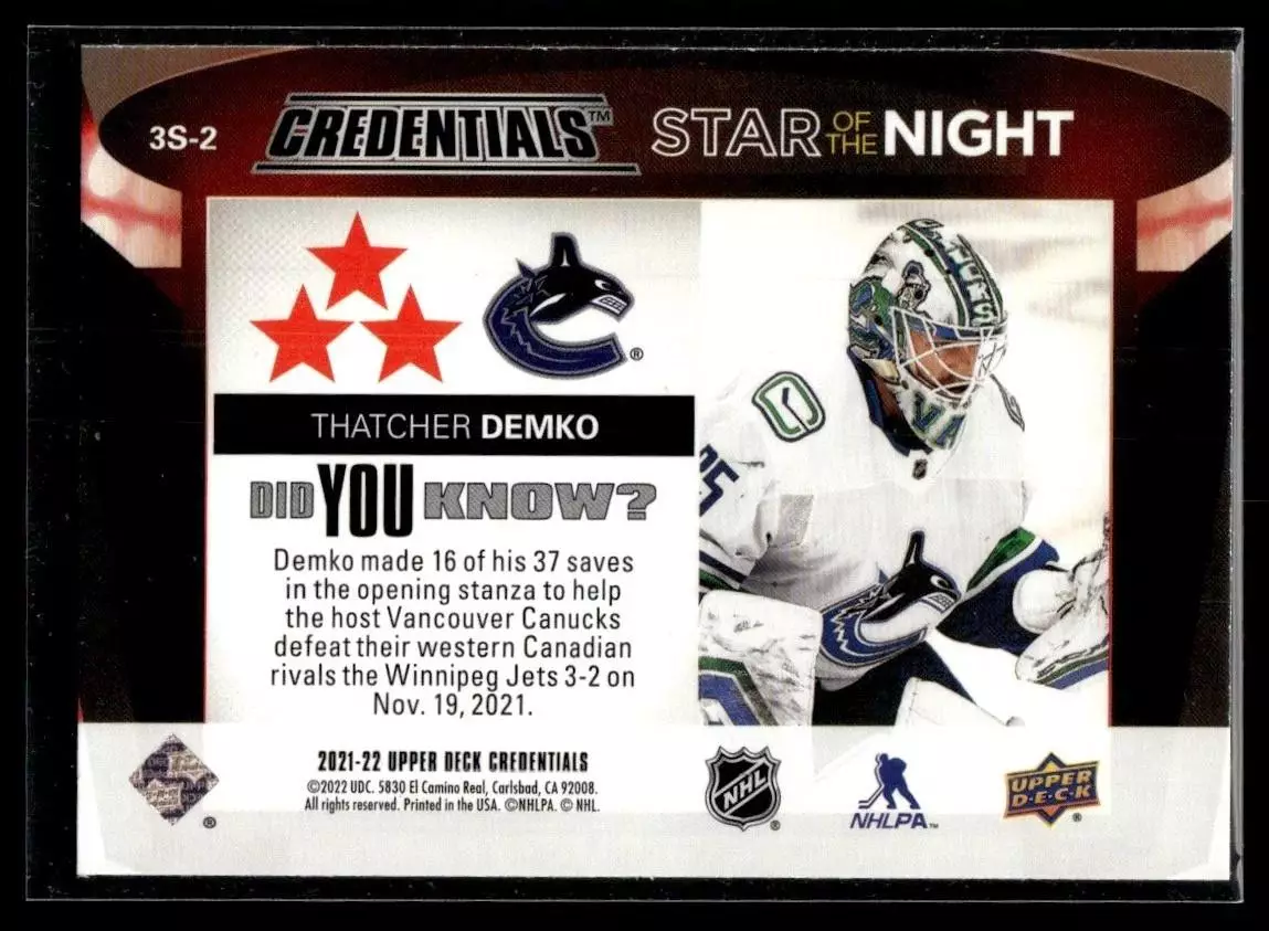 2021-22 Upper Deck Credentials 3rd Star of the Night #3S2 Thatcher Demko 1