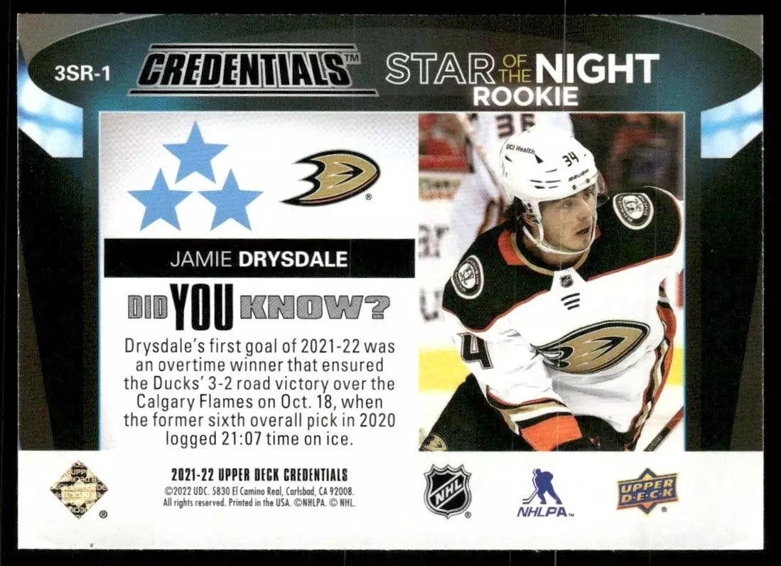 2021-22 Upper Deck Credentials 3rd Star of the Night Rookies #3SR1 Jamie Drysdal 1