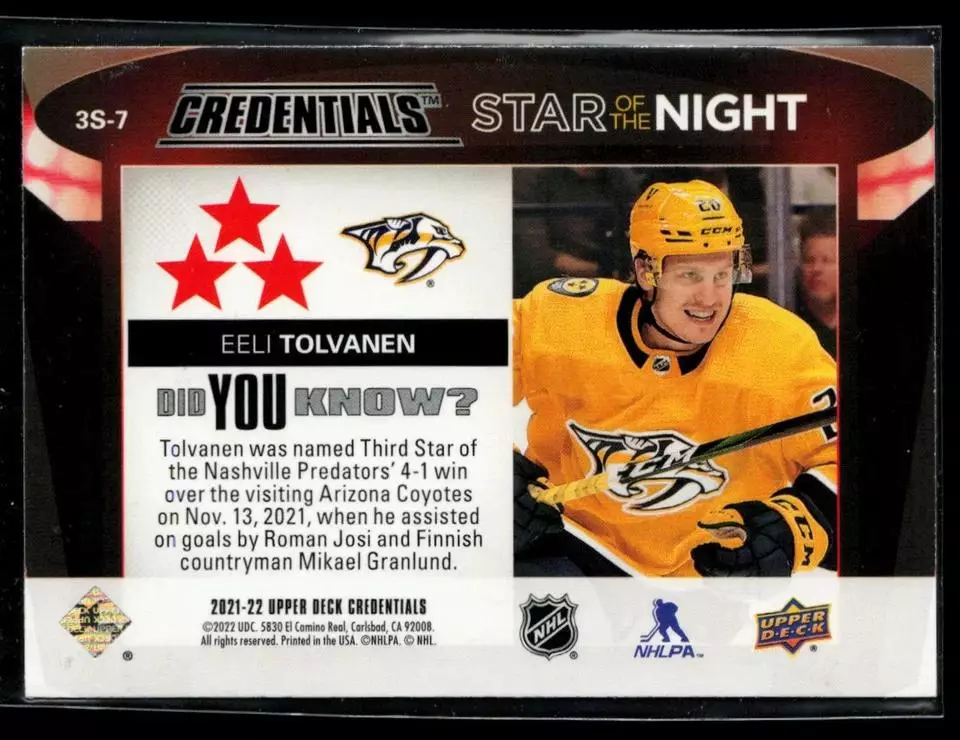 2021-22 Upper Deck Credentials 3rd Star of the Night #3S7 Eeli Tolvanen 1